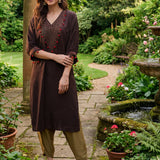 Rangrez Chocolate Brown Satin Zari Embroidered Kaftan