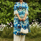 Zahra Blue Printed A-line Linen Kurta