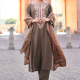 Eshira Brown Zari Embroidered Suit Set with Dupatta