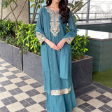 Hrida Teal Embroidered Georgette Suit Set with Dupatta