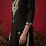 Black Embroidered Cotton Straight Kurta Set
