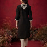 Black Embroidered Cotton Straight Kurta Set