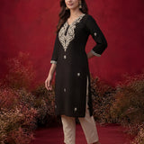Black Embroidered Cotton Straight Kurta Set