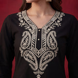 Black Embroidered Cotton Straight Kurta Set