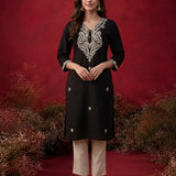 Black Embroidered Cotton Straight Kurta Set