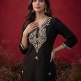 Black Embroidered Cotton Straight Kurta Set