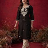 Black Embroidered Cotton Straight Kurta Set
