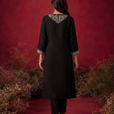 Black Embroidered Cotton Blend Kurta Set