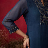 Dark Teal Embroidered Chinon Tunic