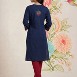 Zahra Royal Blue Embroidered Cotton Slub Kurti for Women