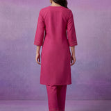 Fuchsia Cotton Blend Embroidered Kurta Set
