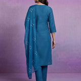 Blue Embroidered Straight Suit Set with Dupatta