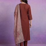 Rust Silk Embroidered A-Line kurta set with Dupatta