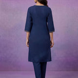 Blue Cotton Blend Embroidered Kurta Set