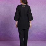 Black Embroidered V-Neck Co-ord Set