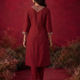 Red Embroidered Cotton Blend Kurta Set