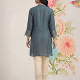 Akshi Teal Embroidered A-line Linen-blend Tunic