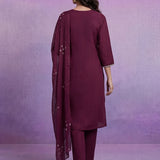 Wine Embroidered Straight Suit Set with Dupatta