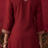 Red Embroidered Cotton Blend Kurta Set