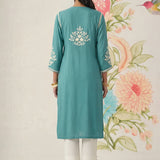 Yashvi Turquoise Cotton Blend Embroidered Kurta