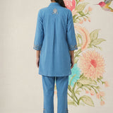 Nayra Blue Embroidered Linen Co-ord Set