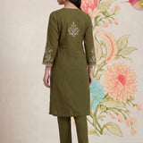 Sarina Olive Embroidered Cotton Co-ord Set for Women