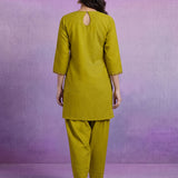 Green Embroidered Cotton blend Kurta Set