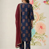 Mehr Navy Printed Cotton Blend Suit Set with Dupatta