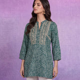 Teal  Luckhnavi Embroidered Bandhani Print A-Line Tunic