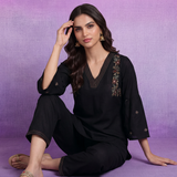 Black Embroidered V-Neck Co-ord Set
