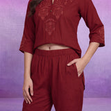 Red Floral Embroidered Co-ord Set