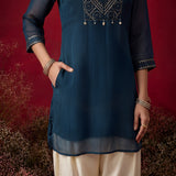Dark Teal Embroidered Chinon Tunic