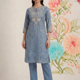 Iraavat Blue Embroidered Cotton Kurta Set
