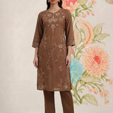 Jogan Brown Embroidered Chanderi Kurta Set