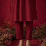 Red Embroidered Cotton Blend Kurta Set