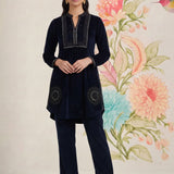 Firdaus Navy Embroidered Velvet Co-ord Set for Women