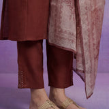 Rust Silk Embroidered A-Line kurta set with Dupatta