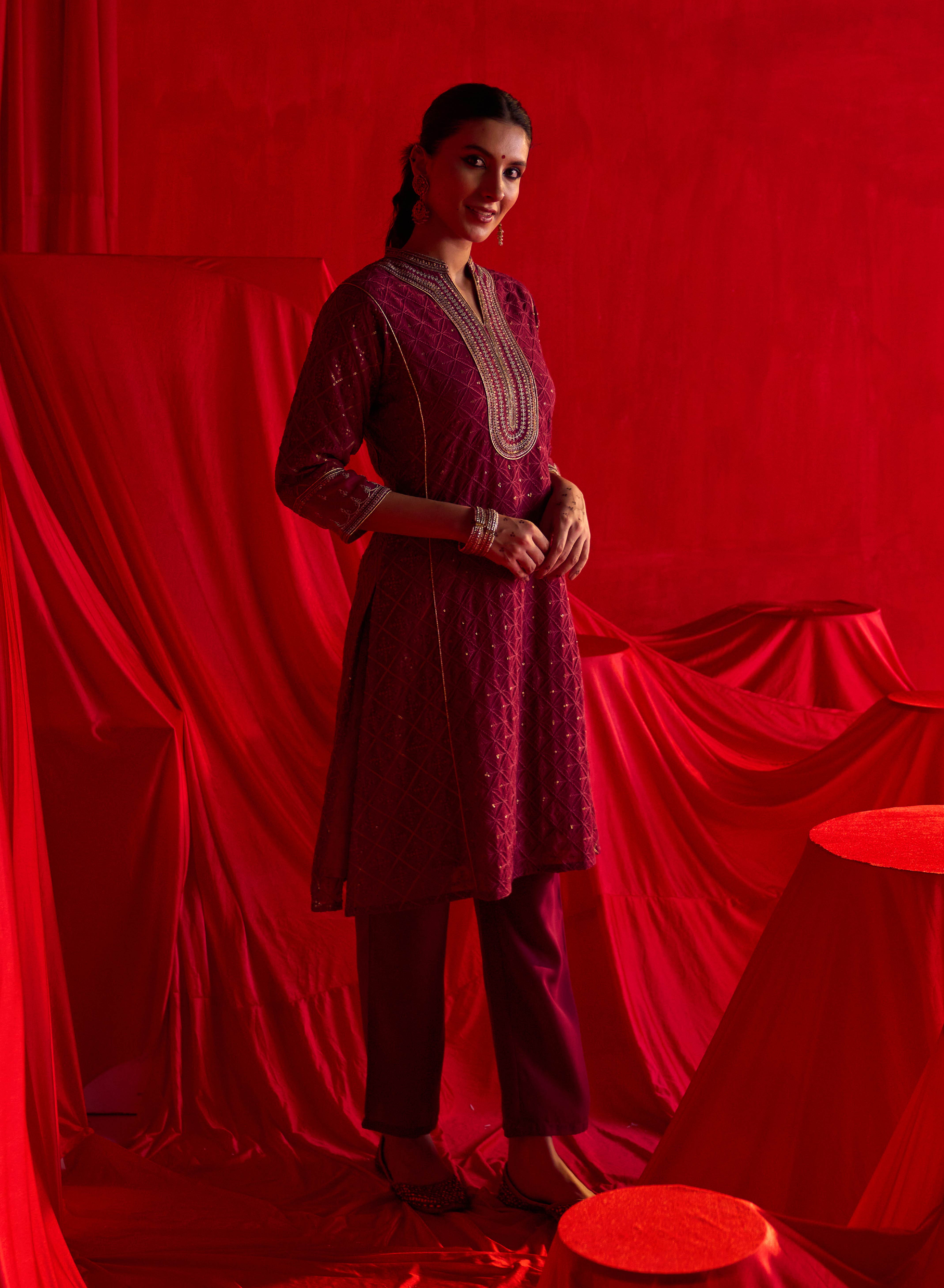 Red Satin Kurti with Sequin Work and Puff Sleeves-23SLK03033-7 – Lakshita
