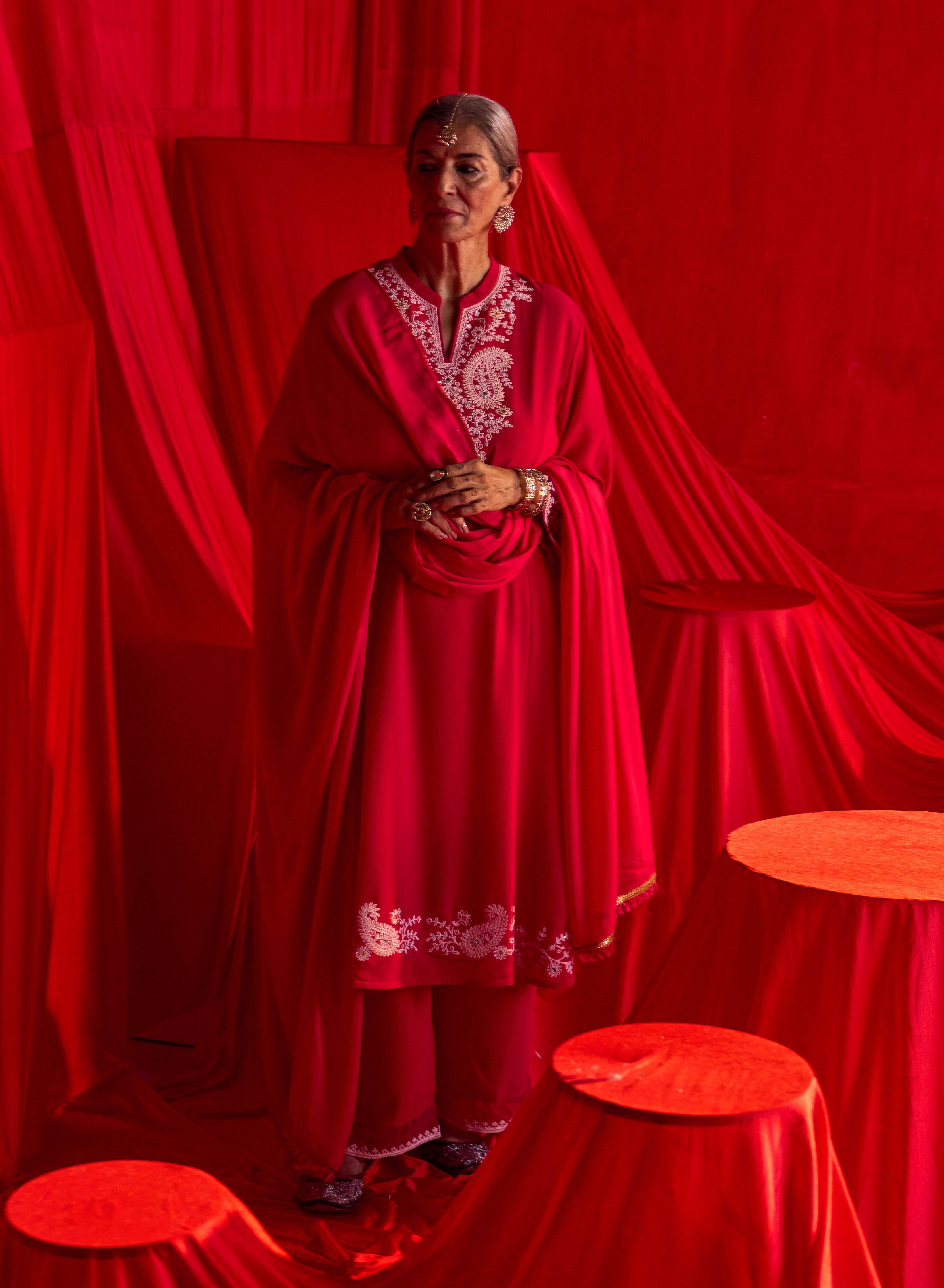 Red Embroidered Georgette Kurta Set
