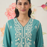 Yashvi Turquoise Cotton Blend Embroidered Kurta
