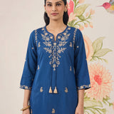 Afiya Blue Cotton Blend Embroidered Kurti