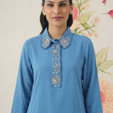 Nayra Blue Embroidered Linen Co-ord Set