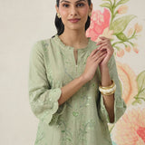 Saaj Light Green Embroidered Cotton Blend Kurta