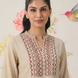 Aviya Beige Cotton Blend Embroidered Straight Kurta