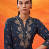 Chalka Navy Printed Cotton Blend Kurta Set