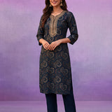 Blue Embroidered Straight Kurta Set