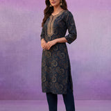Blue Embroidered Straight Kurta Set