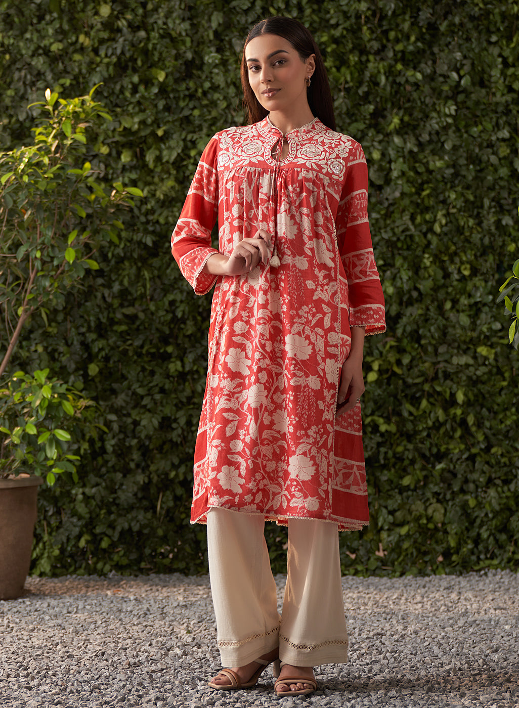 Firoza Red Printed Muslin A-line Kurta for Women