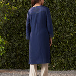 Back view of navy blue embroidered cotton gauze kurta for women