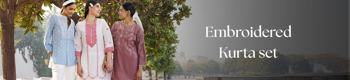 Three models are posing with Embroidered Kurta Sets from Lakshita 